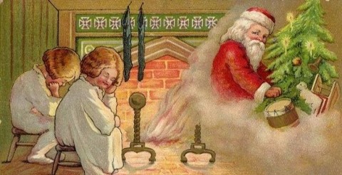 Mikulás a fánál (Mikulás, karácsony, képeslap)