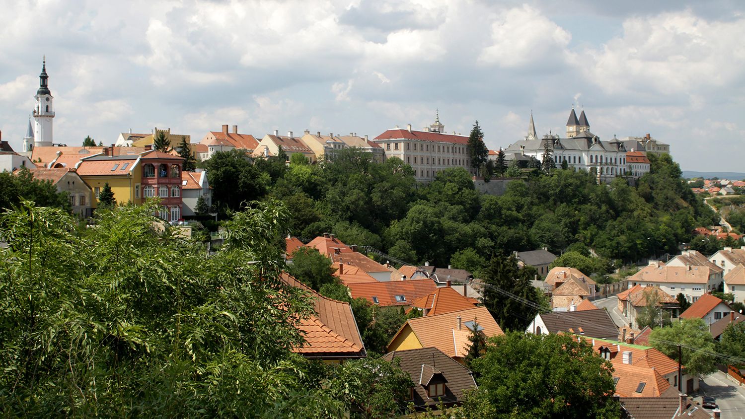 vA veszprémi vár keletre néző épületei 2012. július 27-én. A háttérban balra a Tűztorony, jobbra a kétszintes Érseki Palota, az előtérben a Buhim-völgy házai láthatók. Az Országgyűlés 2011 novemberében elfogadott, a kulturális örökség védelméről szóló törvénymódosítása értelmében a Veszprémi Érseki vár (Érseki Palota, Szent Mihály-székesegyház és Szent György-kápolna, Gizella-kápolna, Tűztorony, várkapu, Modern Képtár - Vass László Gyűjtemény) épületegyüttese is szerepel a történelmi emlékhelyek listáján.