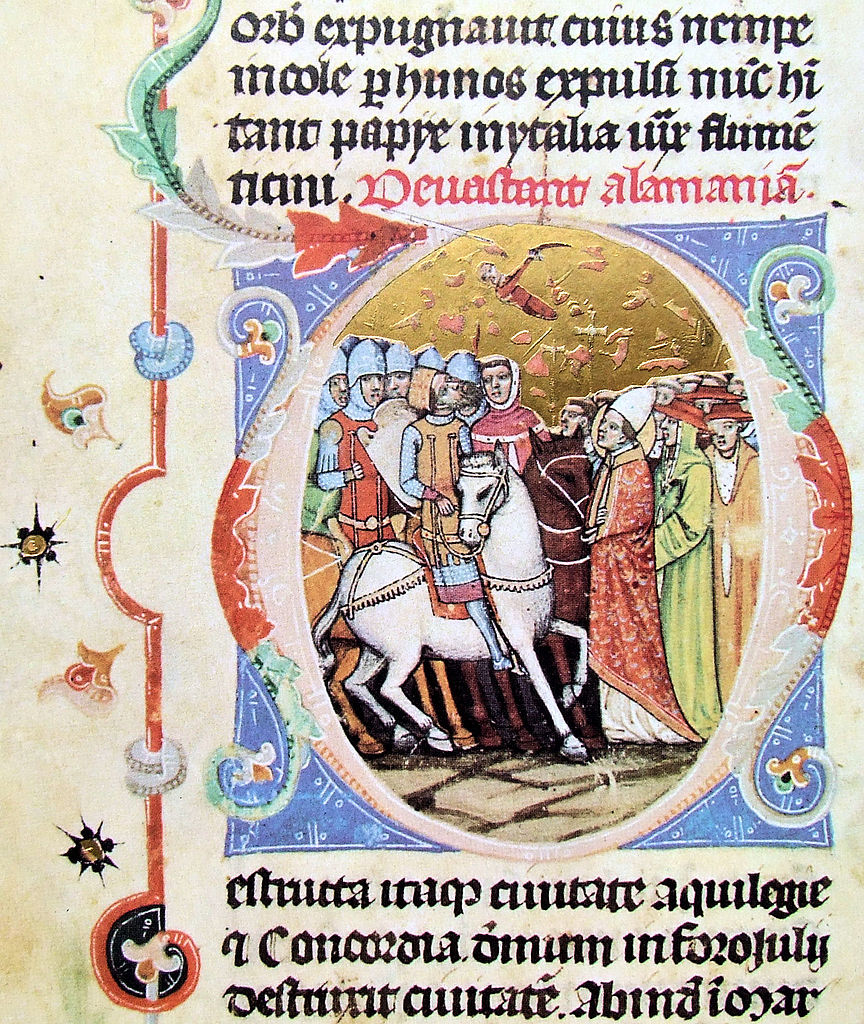 Attila és I. Leó pápa találkozása a Képes Krónika (1358) egyik iniciáléján.