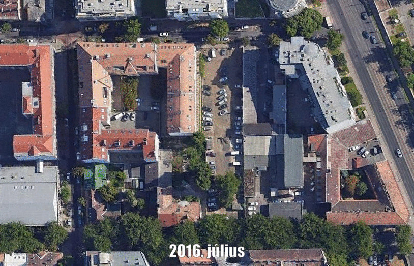 A terület 2016-2020 közti változása – jól látszik, hogy a Kartács utca ezen szakaszán, csak a 20., illetve a 28. számú, a Lehel utca sarkán álló épület maradt állva.