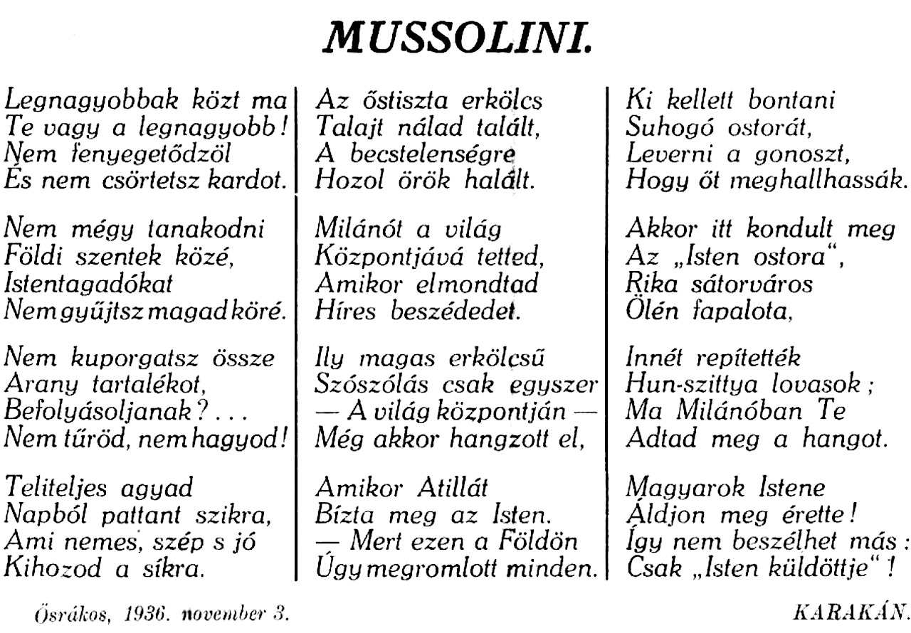 Novoszeleczky (Karakán) Elemér Mussolini című versei, a Palota-Ujpest 1936. november 14-i számából.