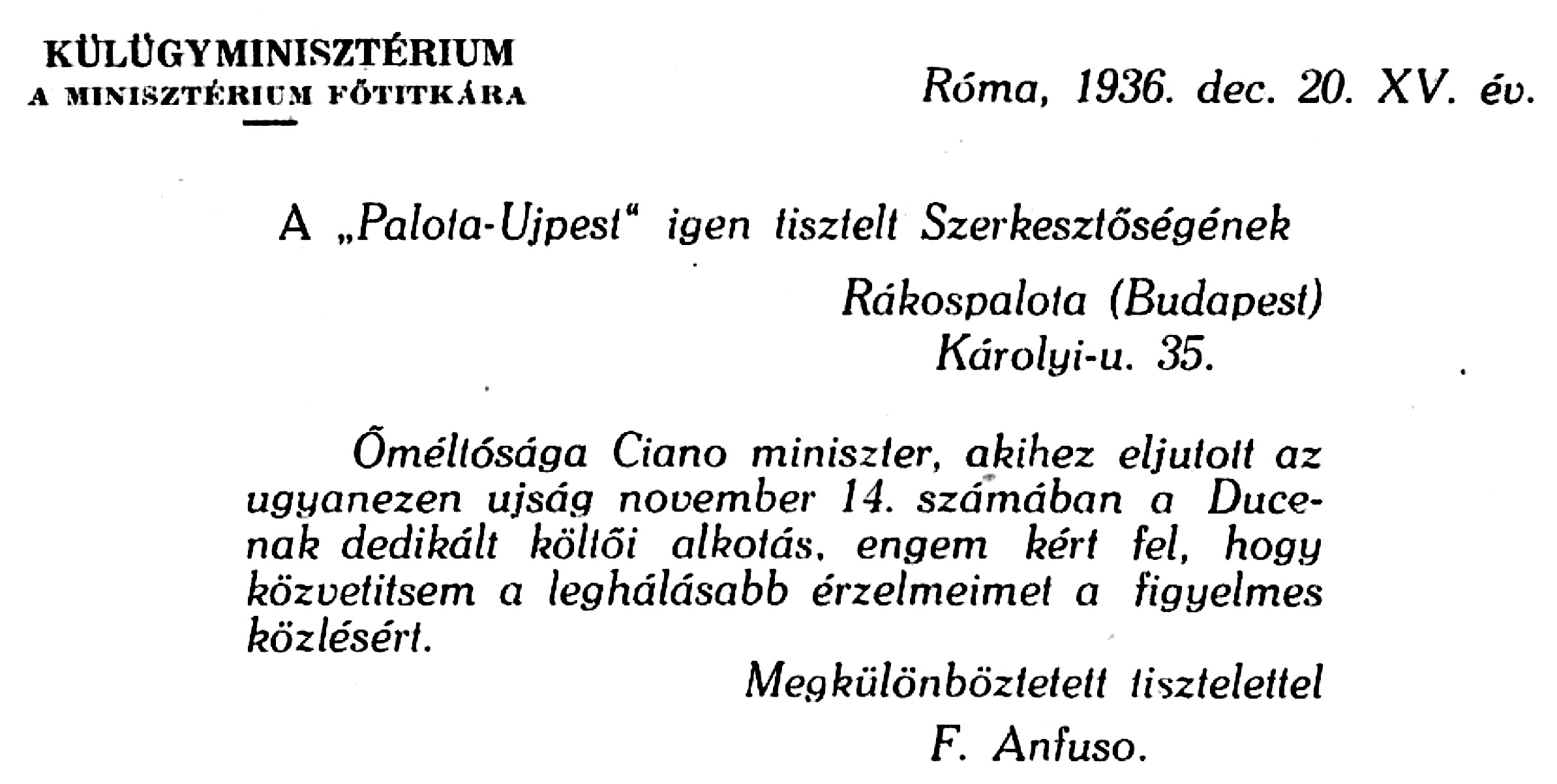 A római reakció a Palota-Ujpest 1937. január 9-i számában.
