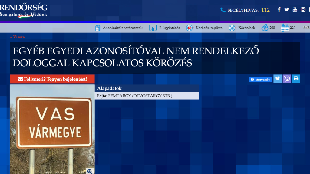 Felkerült a rendőrség körözési listájára egy ellopott vármegye tábla