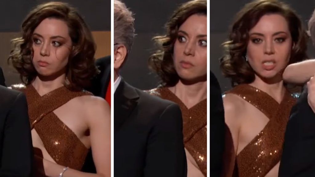 Mémgyanús: Aubrey Plaza látványosan végig feszengte a színpadon a kollégája beszédét
