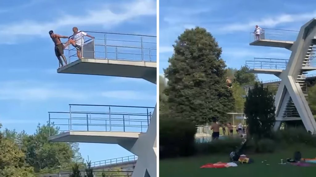 Nem mert lemászni a 10 méteres műugró toronyról, az úszómester úgy döntött, lerúgja onnan