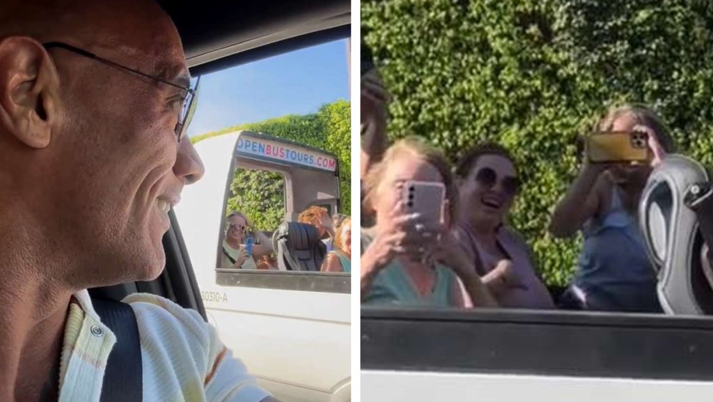 Bámészkodva utaztak a celebes turistabuszon, mikor Dwayne Johnson melléjük állt a kocsijával