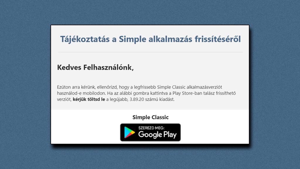 Nem spam, ha ilyen e-mailt kapott, tényleg frissíteni kell az OTP Simple alkalmazását