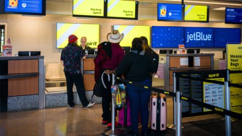 Deréktól lefelé meztelen nő állt sorba a Spirit Airlines egyik járatához