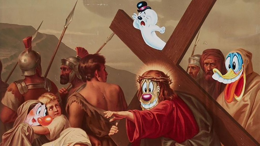 Annyi fenyegetést kapott a galéria, hogy inkább eltávolították a rajzfilmkarakterekkel tarkított Jézus-festményt