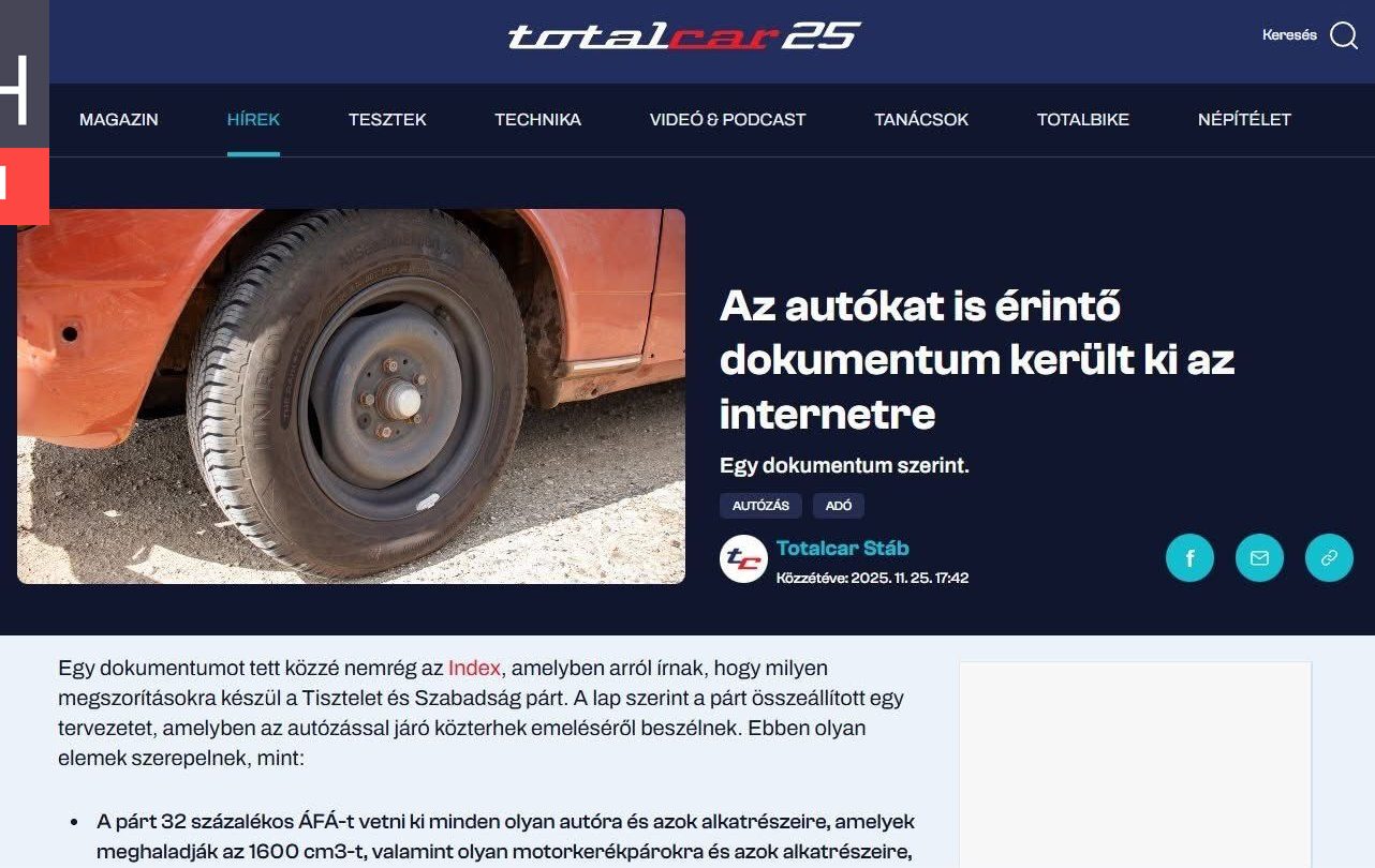 „Vagy a fos megy ki az oldalra, vagy mi az ajtón” – írta a Totalcar főszerkesztője, miután a Tisza állítólagos adóemelési terveiről jelent meg cikk az újságban