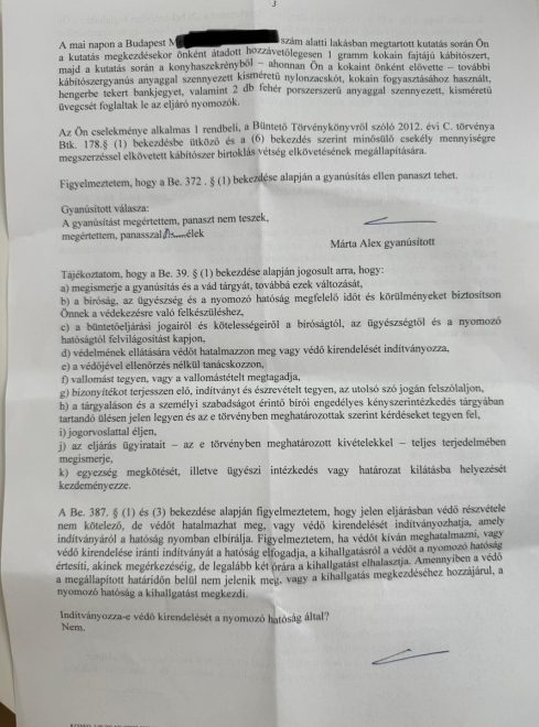A rendőrség szerint öt gramm kokaint találtak ByeAlexnél, az énekes a gyanúsítotti kihallgatása jegyzőkönyvével cáfol 1
