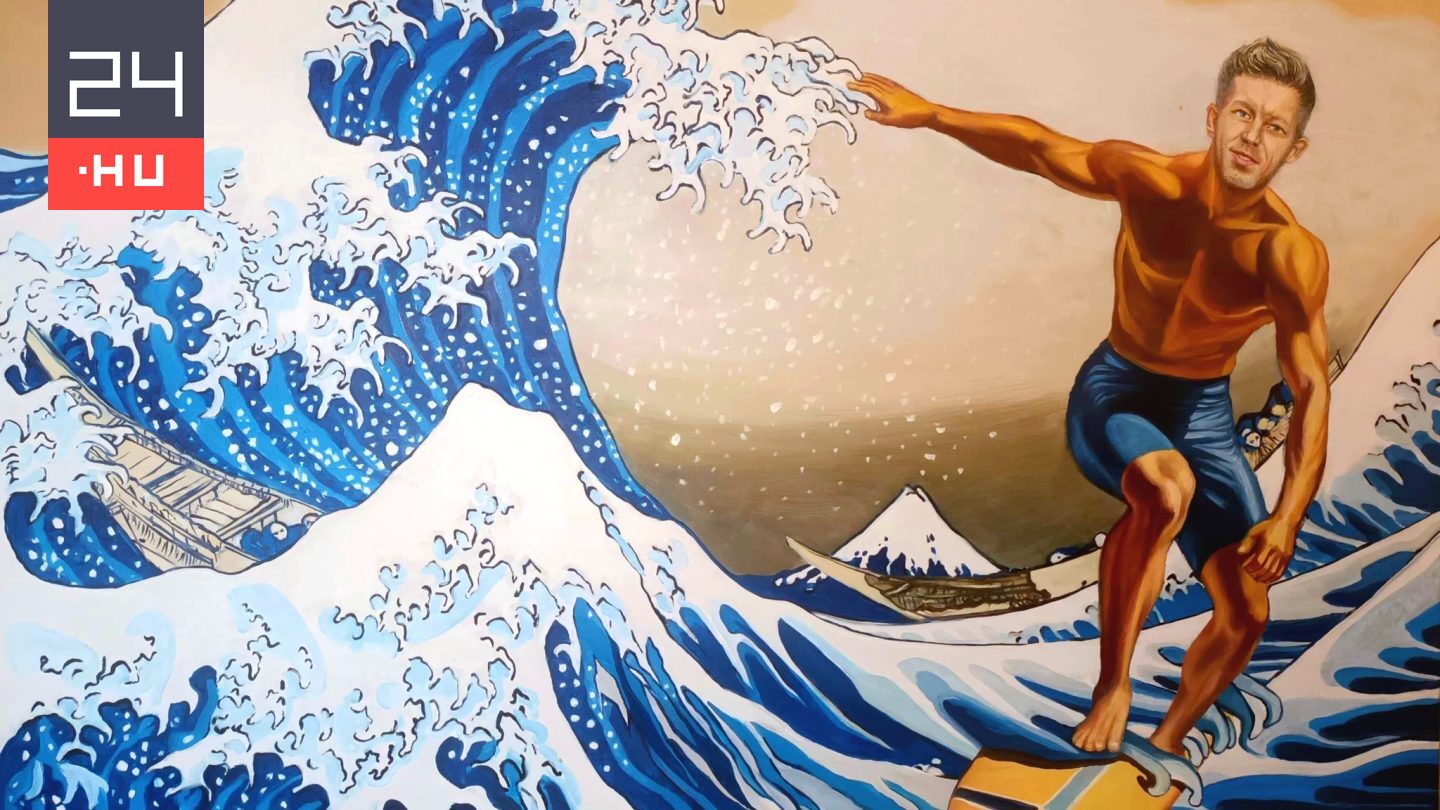 Az áradó Tiszán szörföző Magyar Pétert ábrázolja drMáriás szilveszterre időzített festménye