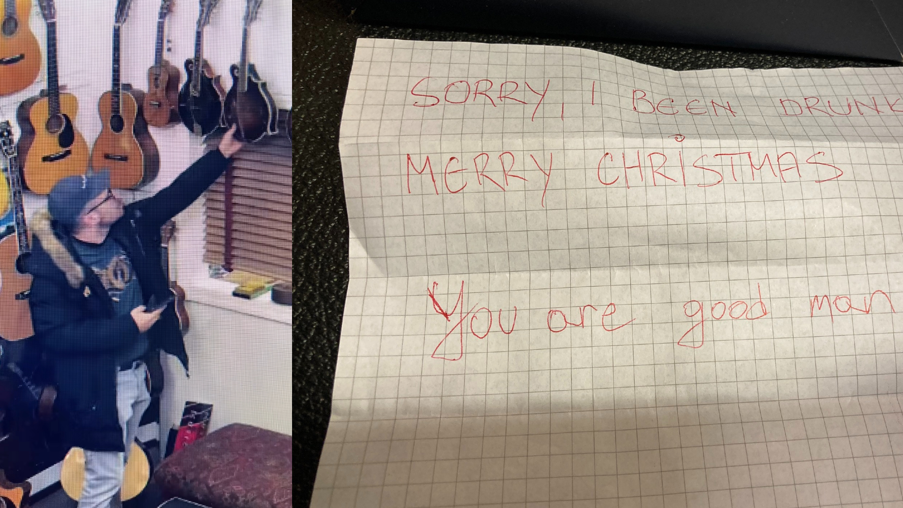 Egy férfi ellopott két mandolint a New Jersey-i gitárboltból, de aztán egy bocsánatkérő üzenettel visszavitte őket.