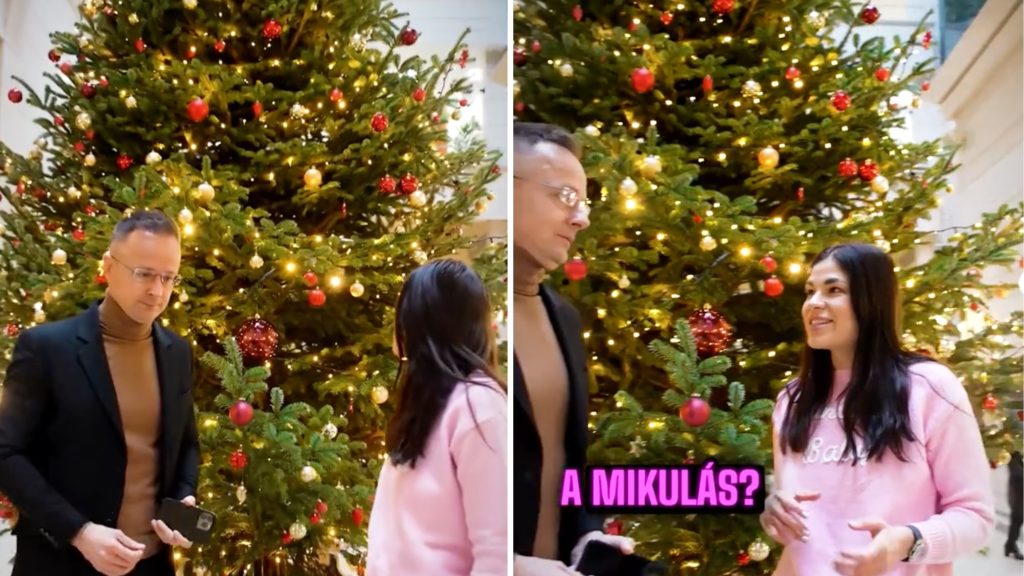 Ezúttal a külügyminisztériumbeli karácsonyfa előtt interjúztatta Szijjártót Gáspár Evelin arról: stoplisba vagy csizmába kapják a politikus gyerekei az ajándékot
