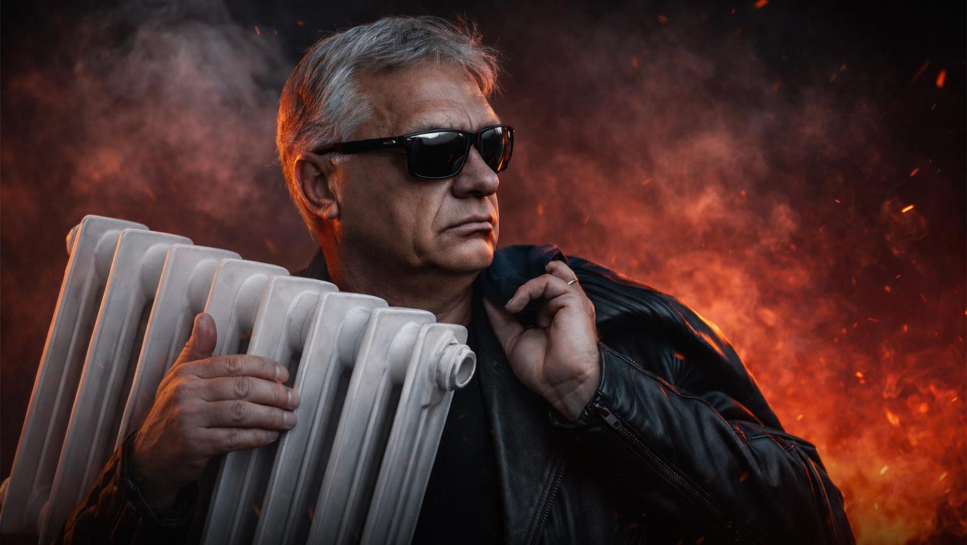 Orbán Viktor egy régi öntöttvas radiátort tart.