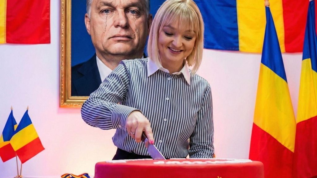 Síró Orbán-kép előtt szeletelte fel a magyar nemzeti színű tortát a román AUR képviselője