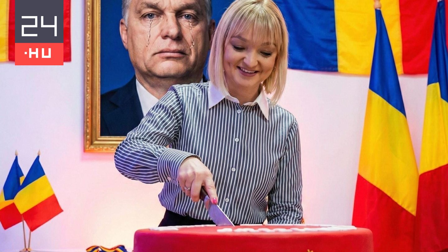 Síró Orbán-kép előtt szeletelte fel a magyar nemzeti színű tortát a román AUR képviselője