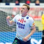 Norway's wing #40 August Pedersen celebrates during the men's EHF Euro 2026 main round handball match Spain vs Norway in Herning, Denmark, on January 22, 2026.