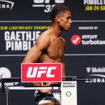 LAS VEGAS, NEVADA - JANUARY 23: Cameron Smotherman poses on the scale during the UFC 324 official weigh-in at T-Mobile Arena on January 23, 2026 in Las Vegas, Nevada. (Photo by Jeff Bottari/Zuffa LLC)