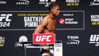 LAS VEGAS, NEVADA - JANUARY 23: Cameron Smotherman poses on the scale during the UFC 324 official weigh-in at T-Mobile Arena on January 23, 2026 in Las Vegas, Nevada. (Photo by Jeff Bottari/Zuffa LLC)