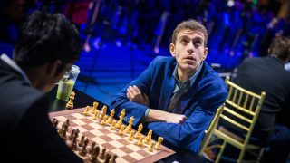 Daniel Naroditsky and R Praggnanandhaa before their Round 11 rapid game at the FIDE World Rapid Championship 2024 on December 28, 2024 in New York, NY. (Photo by Lennart Ootes/Getty Images)