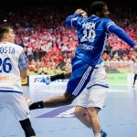 Portugal's Francisco Costa and France's Dika Mem during the EHF Euro 2026 main round European Men's Handball Championship match between France and Portugal in Herning, Saturday, January 24, 2026. (Photo: Sebastian Elias Uth/Ritzau Scanpix)