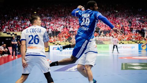 Portugal's Francisco Costa and France's Dika Mem during the EHF Euro 2026 main round European Men's Handball Championship match between France and Portugal in Herning, Saturday, January 24, 2026. (Photo: Sebastian Elias Uth/Ritzau Scanpix)