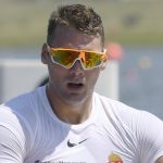 Dudás Miklós, a harmadik helyen végzett a férfi kajak négyes tagja a célban az 500 méteres döntőben a portugáliai Montemor-o-Velhóban zajló kajak-kenu világbajnokságon 2018. augusztus 26-án.