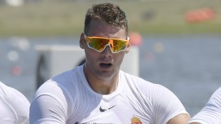 Dudás Miklós, a harmadik helyen végzett a férfi kajak négyes tagja a célban az 500 méteres döntőben a portugáliai Montemor-o-Velhóban zajló kajak-kenu világbajnokságon 2018. augusztus 26-án.