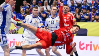 Kristianstad, 2026. január 20. Fazekas Gergő (k) a dán-norvég-svéd közös rendezésű férfi kézilabda-Európa-bajnokság F csoportjának utolsó fordulójában játszott Magyarország - Izland mérkőzésen a svédországi Kristianstad Arénában 2026. január 20-án.