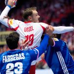 Denmark's Mathias Gidsel in action with France's Ludovic Fabregas during the men's handball match between Denmark and France in EHF Euro 2026 Group B at Jyske Bank Boxen in Herning, Thursday, January 22, 2026. (Photo: Bo Amstrup/Ritzau Scanpix)