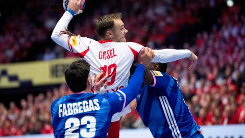 Denmark's Mathias Gidsel in action with France's Ludovic Fabregas during the men's handball match between Denmark and France in EHF Euro 2026 Group B at Jyske Bank Boxen in Herning, Thursday, January 22, 2026. (Photo: Bo Amstrup/Ritzau Scanpix)