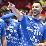 Croatia's Marko Mamic, Zvonimir Srna and Tin Lucin celebrate the victory over Switzerland after the 2026 EHF European Men's Handball Championship (the EHF Euro 2026) intermediate round match between Switzerland and Croatia at the Malmö Arena, in Malmö, Sweden, on January 25, 2026. Photo: Johan Nilsson / TT / Code 50090