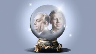 Magyar Péter és Orbán Viktor arca egy elképzelt varázsgömbben.
