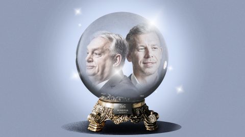 Magyar Péter és Orbán Viktor arca egy elképzelt varázsgömbben.