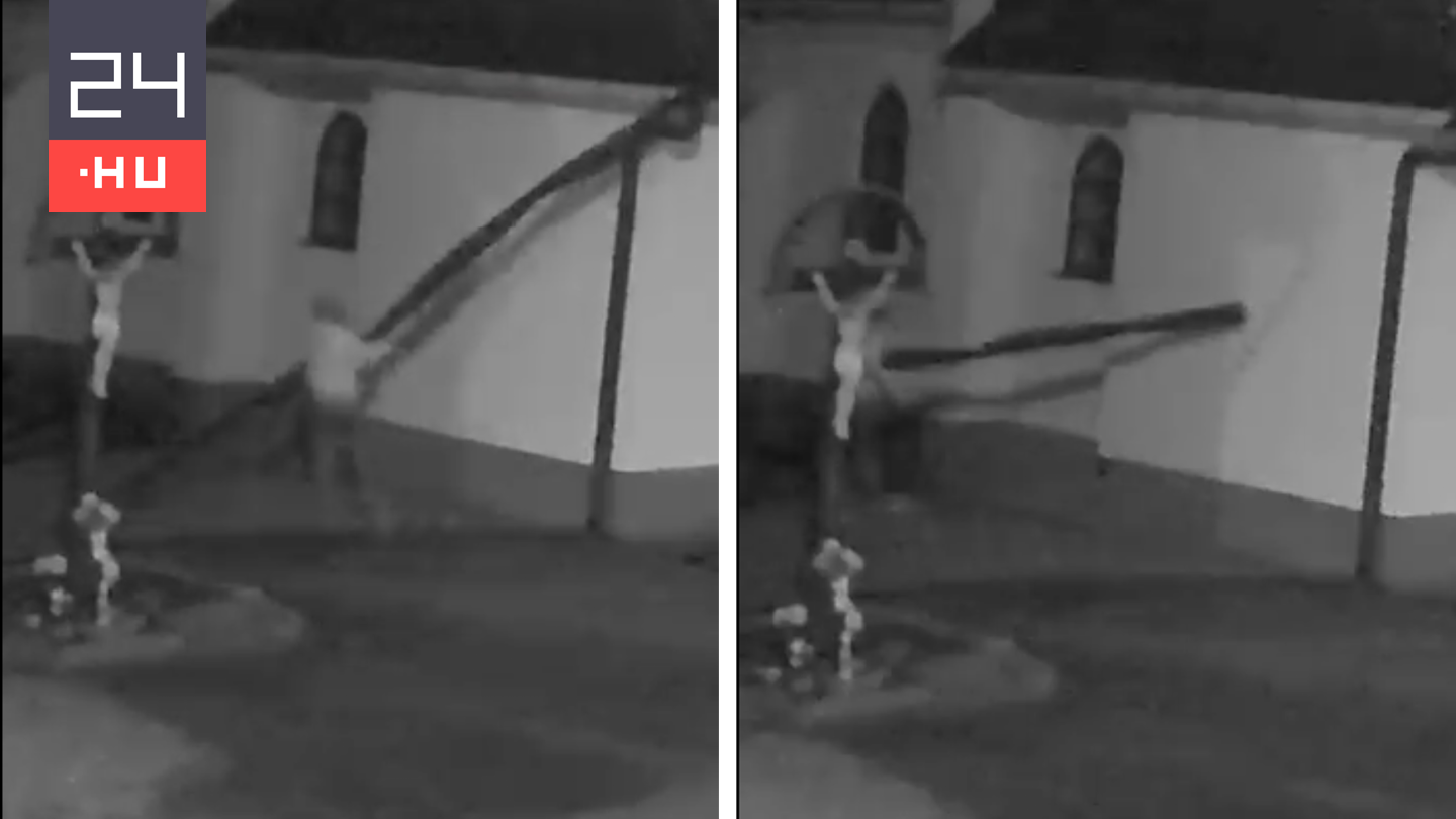 Videón, ahogy a templom tetejére felmászó férfi lerángatja a rézből készült ereszcsatornát