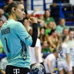 Glauser Laura, a Ferencváros kapusa a női kézilabda Bajnokok Ligája B csoportjának 1. fordulójában játszott FTC-Rail Cargo Hungaria - Odense Handbold mérkőzés végén az Érd Arénában 2025. szeptember 6-án. A Ferencváros 34-32-re kikapott a dán csapattól.