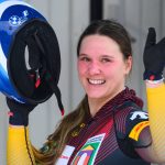 17 January 2026, Saxony, Altenberg: Bobsleigh: World Cup, monobob, women, 2nd run, winner Lisa Buckwitz (Germany) celebrates after her third place in the overall World Cup. Photo: Robert Michael/dpa