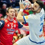 Portugal's left back #20 Miguel Neves shoots during the men's EHF Euro 2026 main round handball match Portugal vs Norway in Herning, Denmark, on January 26, 2026.