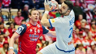 Portugal's left back #20 Miguel Neves shoots during the men's EHF Euro 2026 main round handball match Portugal vs Norway in Herning, Denmark, on January 26, 2026.