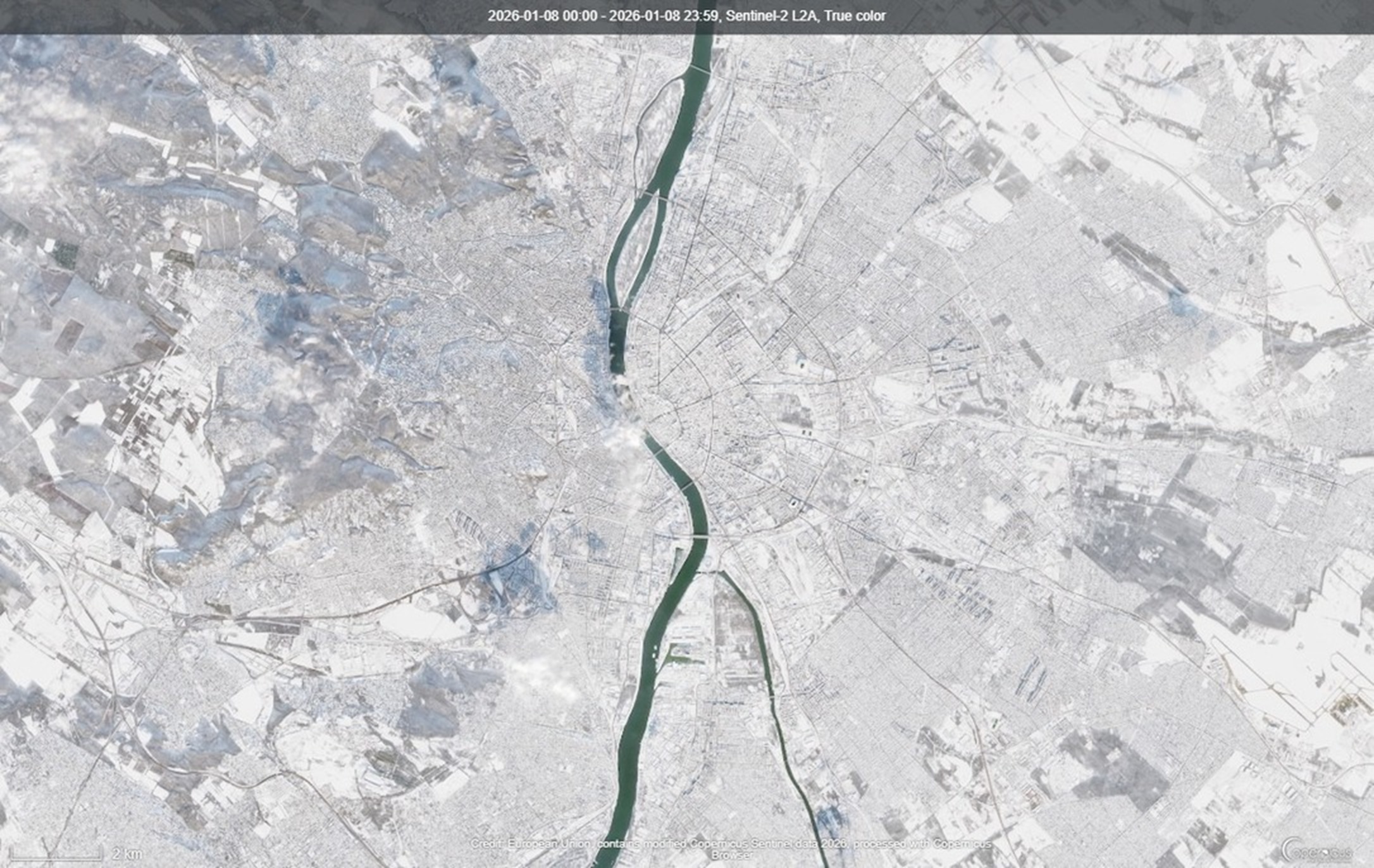 NASA, sentinel-2, műhold fotó, havazás, hó, Magyarország, Budapest