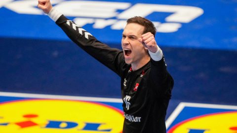 Switzerland's goalkeeper #16 Nikola Portner reacts during the men's EHF Euro 2026 preliminary round handball match Switzerland vs Slovenia in Oslo, Norway, on January 18, 2026.