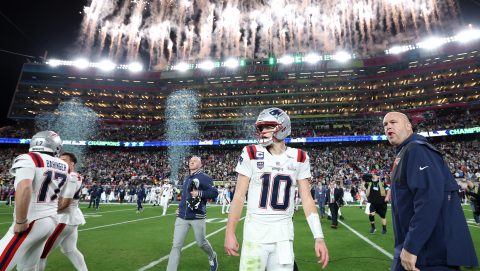 Drake Maye a New England Patriots Super Bowl-veresége után.