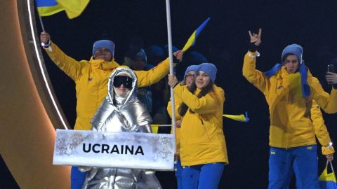 Ukraine's athletes parade during the opening ceremony of the Milano Cortina 2026 Winter Olympic Games at the Milano San Siro Olympic Stadium in Italy on February 6, 2026. The opening ceremony is hosted by multiple cities for the first time in the history of the Winter Olympic Games. ( The Yomiuri Shimbun )