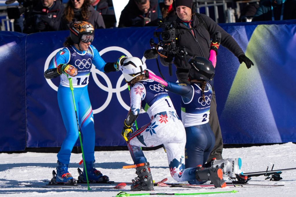 Federica Brignone ,Thea Louise Stjernesund ,Sara Hector after the second run of the women's giant slalom event during the Milano Cortina 2026 Winter Olympic Games at the Tofane Alpine Skiing Centre in Cortina d'Ampezzo on February 15, 2026. (Photo by Andrzej Iwanczuk/NurPhoto)