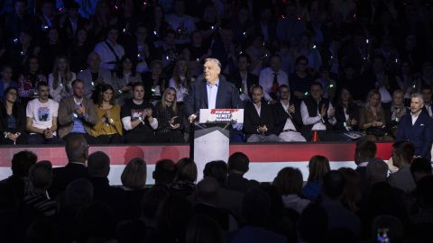 Orbán Viktor a Digitális Polgári Körök háborúellenes gyűlésén.