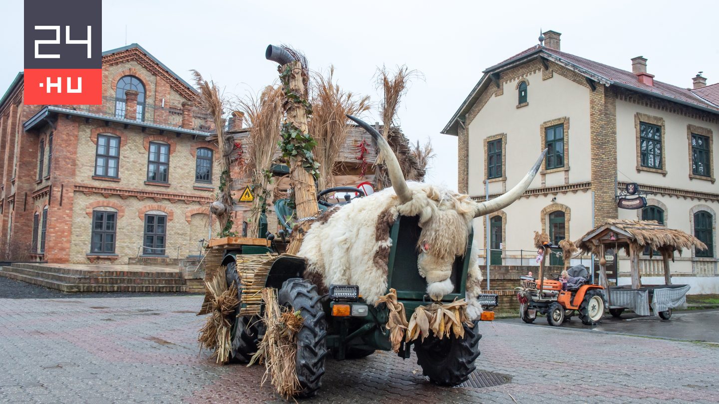 Fotókon az idei busójárás feldíszített traktorja és maszkjai