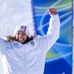 Gold medalist Federica Brignone poses on the podium after the women's giant slalom event during the Milano Cortina 2026 Winter Olympic Games at the Tofane Alpine Skiing Centre in Cortina d'Ampezzo on February 15, 2026. (Photo by Andrzej Iwanczuk/NurPhoto)