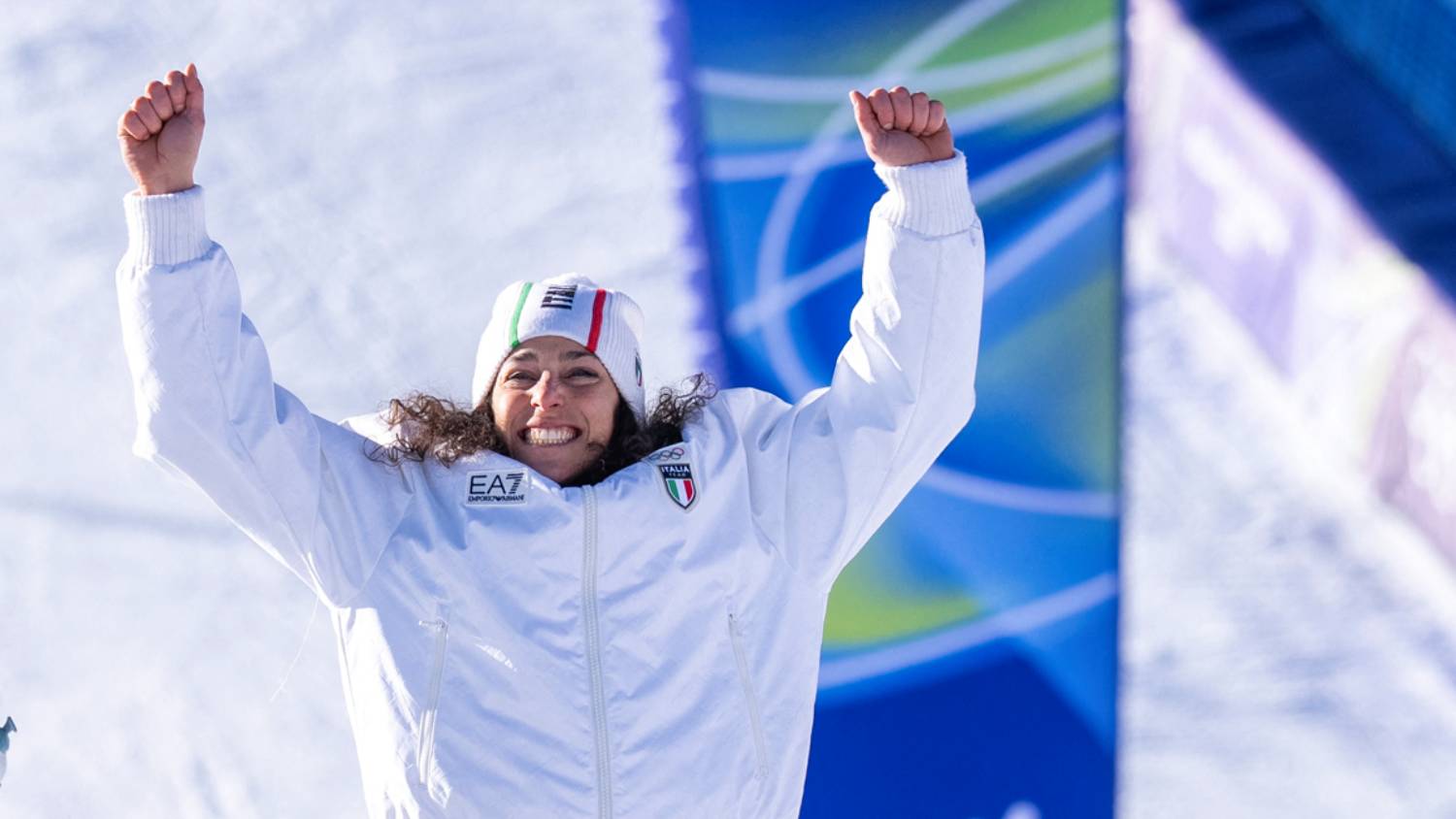 Gold medalist Federica Brignone poses on the podium after the women's giant slalom event during the Milano Cortina 2026 Winter Olympic Games at the Tofane Alpine Skiing Centre in Cortina d'Ampezzo on February 15, 2026. (Photo by Andrzej Iwanczuk/NurPhoto)