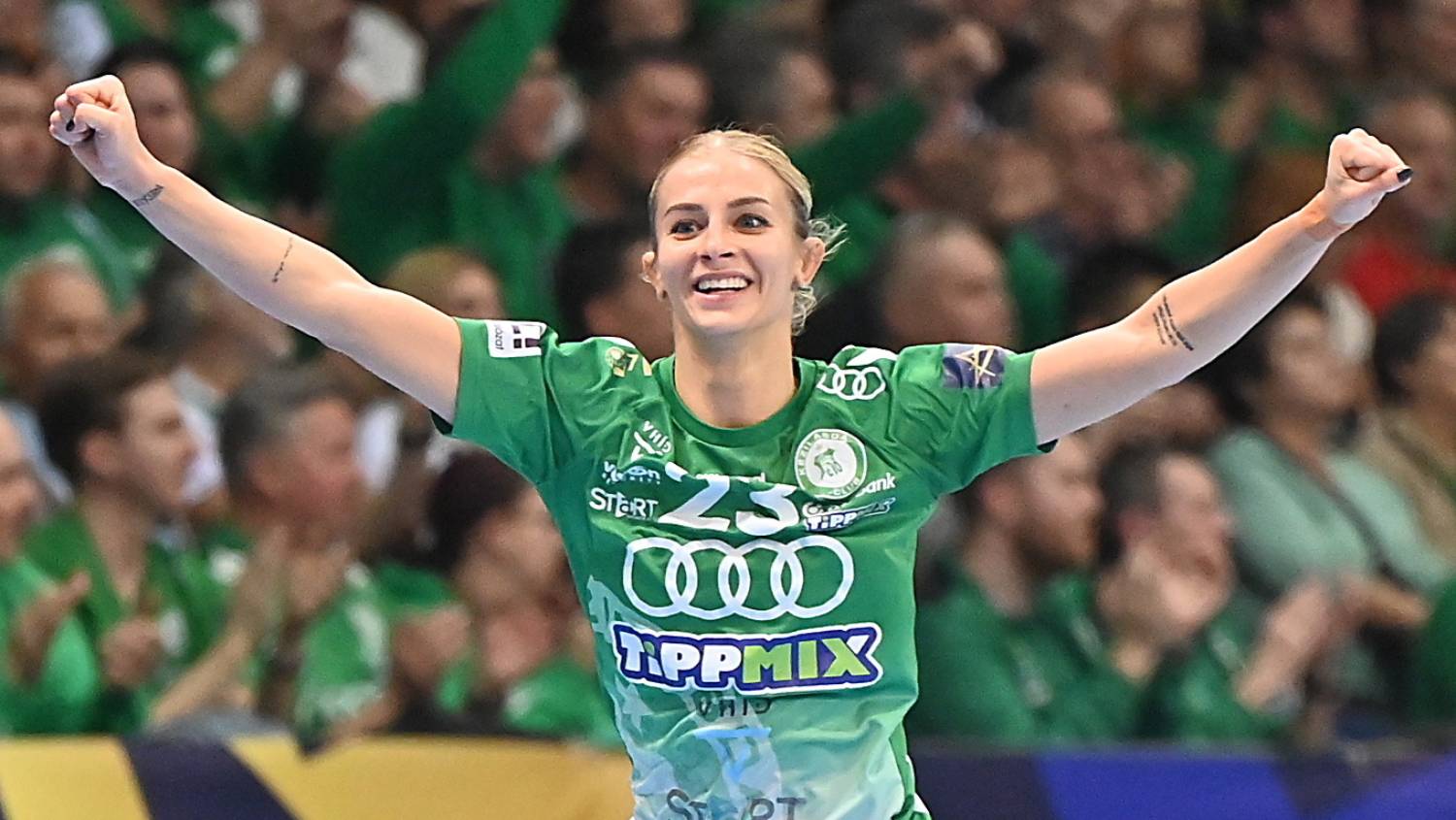 Győr, 2026. február 7. Fodor Csenge, a Győr játékosa a női kézilabda Bajnokok Ligája B csoportjának 12. fordulójában játszott Győri Audi ETO KC-Buducnost Podgorica mérkőzésen a győri Audi Arénában 2026. február 7-én. A Győr 34-22-re legyőzte a montenegrói csapatot. MTI/Krizsán Csaba
